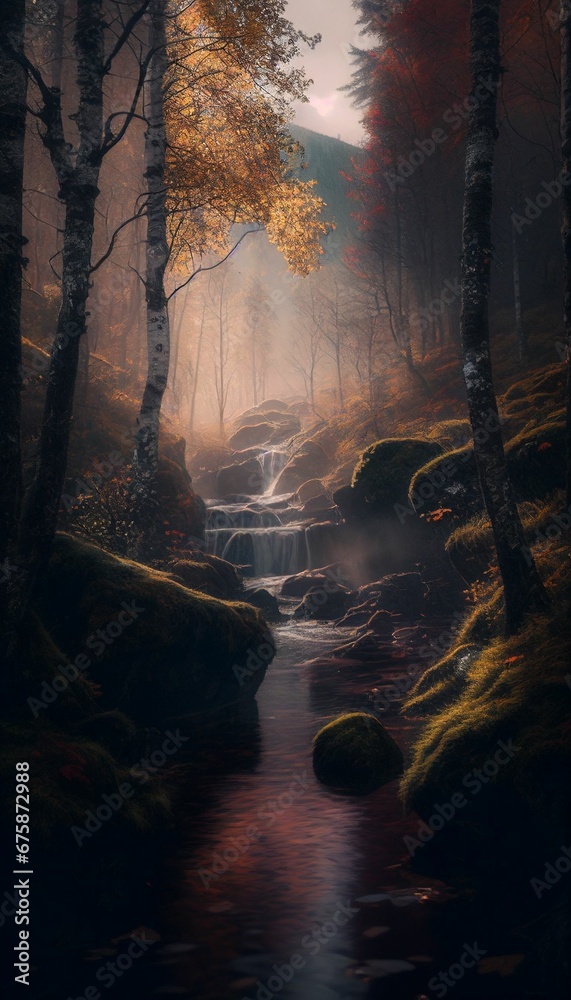 AI generated illustration of a stream flowing through a fantasy fall landscape covered in fog
