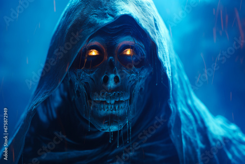 Creepy looking skeleton with glowing eyes and hooded hood.