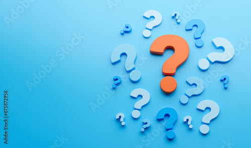 Red question mark on a blue background. Copy space for text. 3d render photo