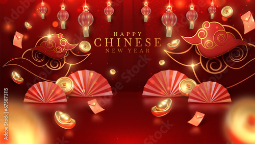 3d realistic chinese new year ornaments on red luxury background with gold glitter light effect decoration and bokeh. Vector illustration.