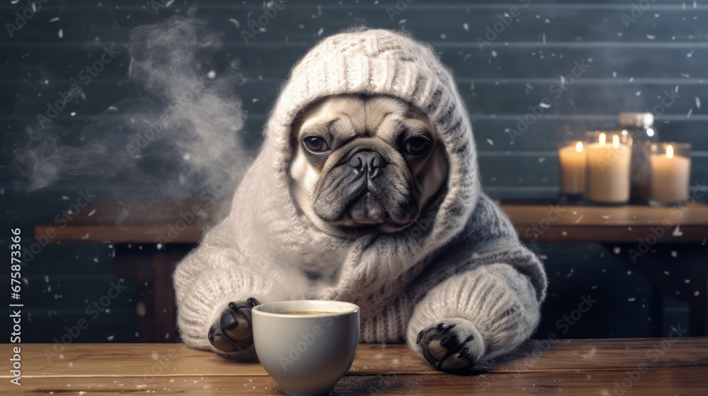 Generative AI image of a cute chubby bulldog wearing a winter hat and a scarf sitting and a cup of hot smoking coffee beside him in front of him - obrazy, fototapety, plakaty 