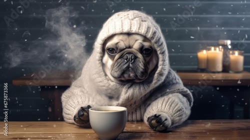 Generative AI image of a cute chubby bulldog wearing a winter hat and a scarf sitting and a cup of hot smoking coffee beside him in front of him photo