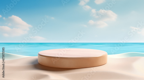 Stone podium with summer background of tropical sea and sand. Banner template for promotion. Design product placement display.