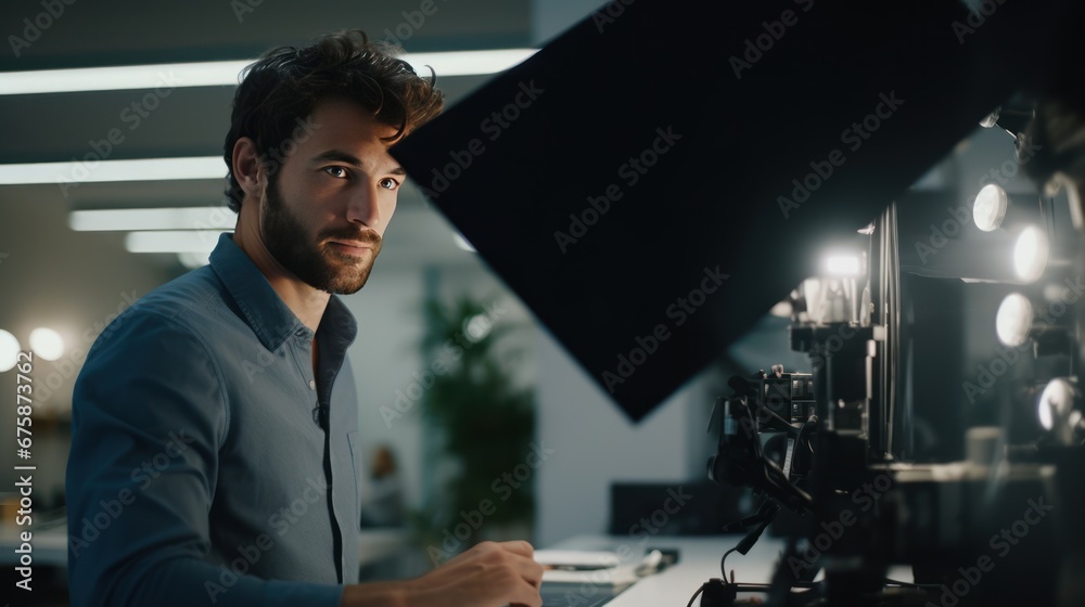 Male technician looking at his face and talking about project in office