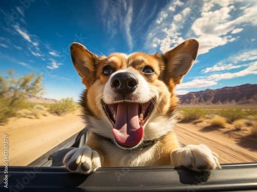 Generative AI image of a dog smiling inside a car, in the style of joyful landscapes © Eitan Baron