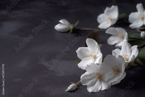 Shoot white flowers in the dark background. White cherry tree flowers. Generative AI