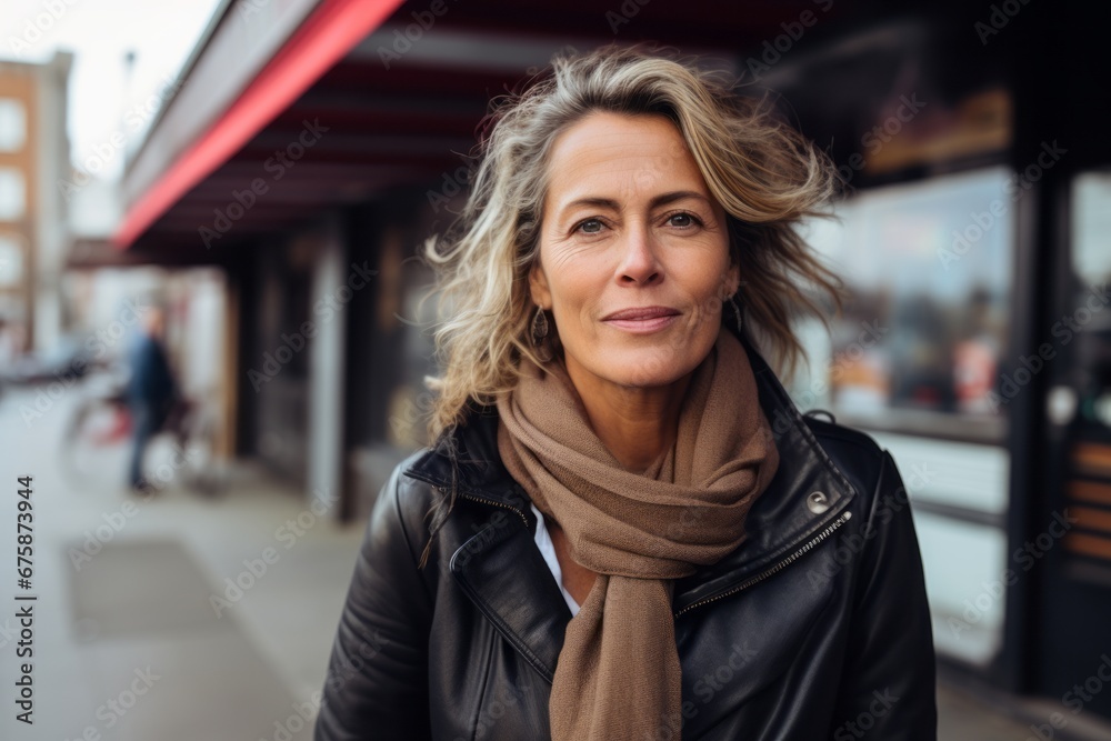 Portrait of mature woman in leather jacket and scarf on city street Portrait of mature woman in leather jacket and scarf on city street