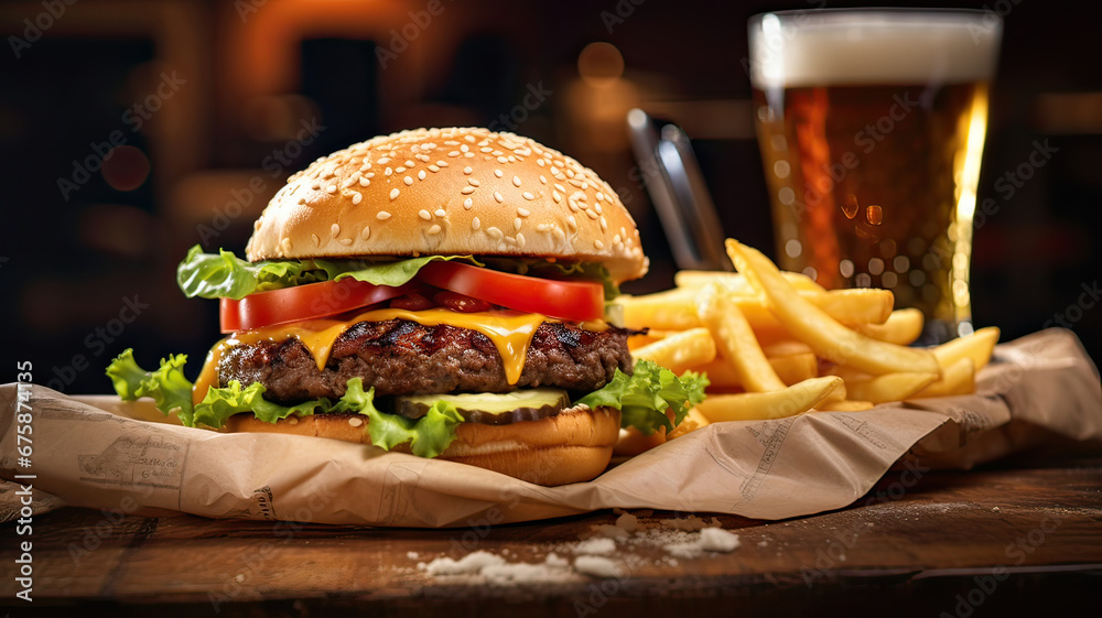 hamburger with fries, onion rings and beer - obrazy, fototapety, plakaty 