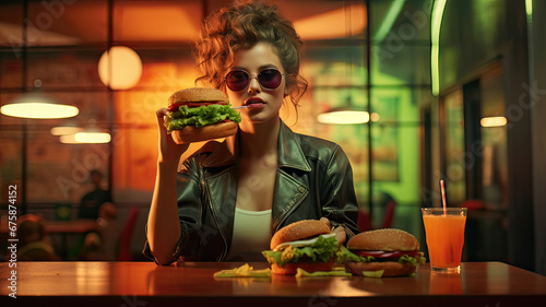 Woman about to eat a hamburger with a beer in a restaurant