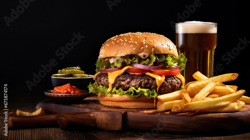 Complete hamburger on a wooden board and a beer. Black background