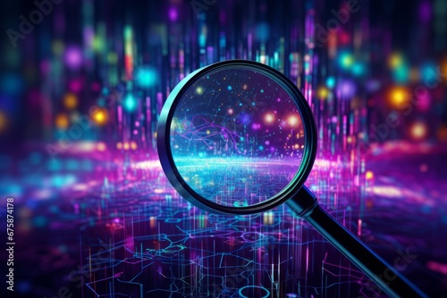 Generative AI image of magnifying glass with light to search data, in the style of dark teal and purple, multi-layered collage, selective focus, neon grids, gossamer fabrics, scientific diagrams, photo