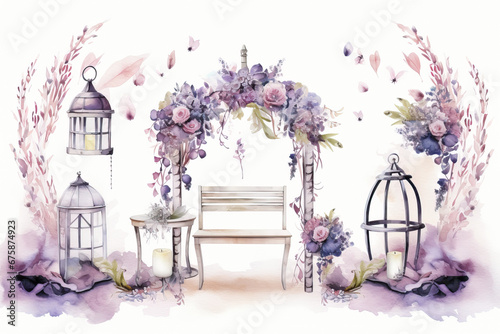 Wedding decor arch and lanterns in watercolor style  illustration