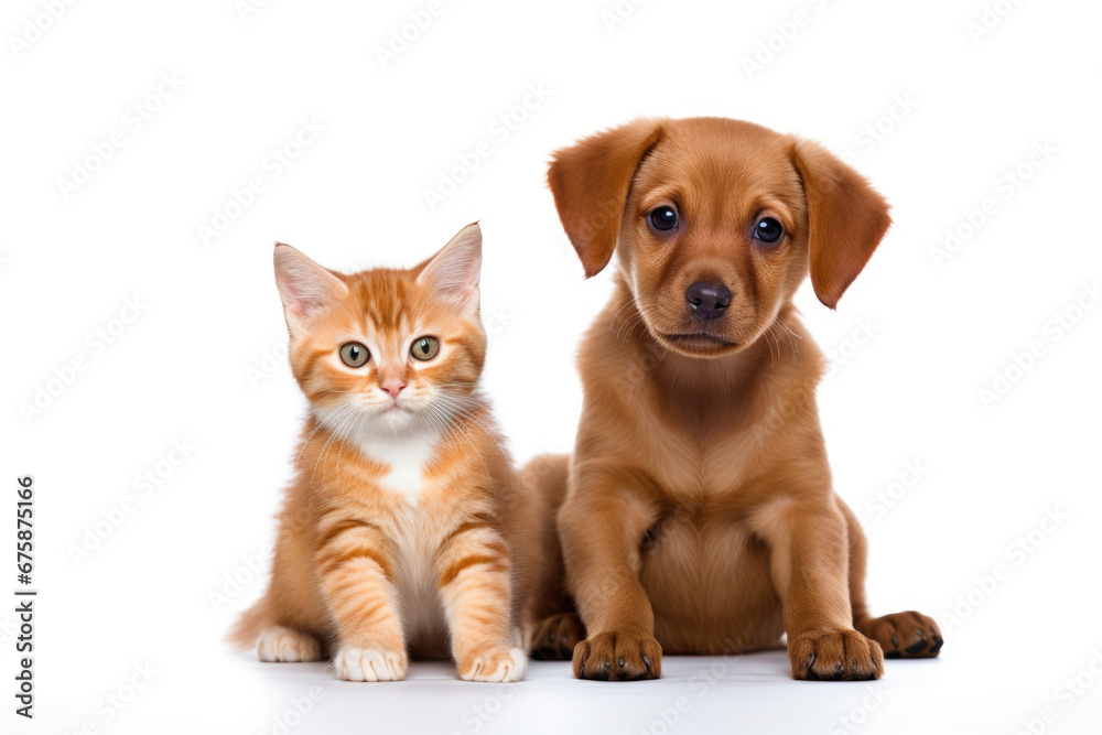 Kitten and puppy on white background