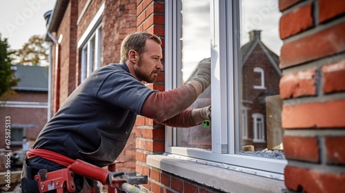 Professional worker installs new aluminum windows in red brick house photo