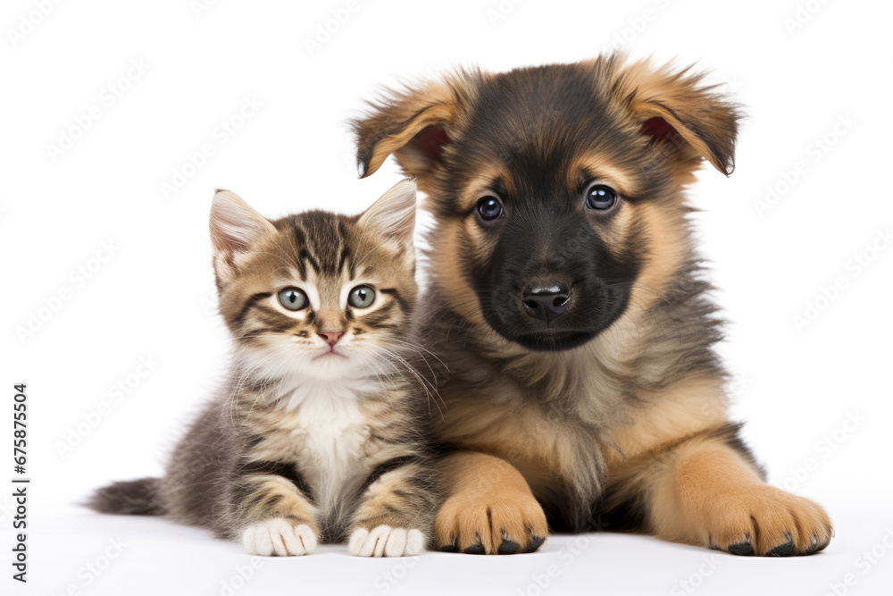 Kitten and puppy on white background