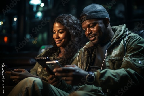 Generative AI image of African American couple sitting on the couch with back phones to each other in the living room at home