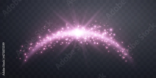 Pink magic arch with glowing particles, sunlight lens flare. Neon realistic energy flare arch. Abstract light effect on a black background. Vector illustration.