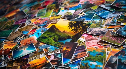 Generative AI image of an array of colorful pictures of different subjects, in the style of instant film, lush landscape backgrounds