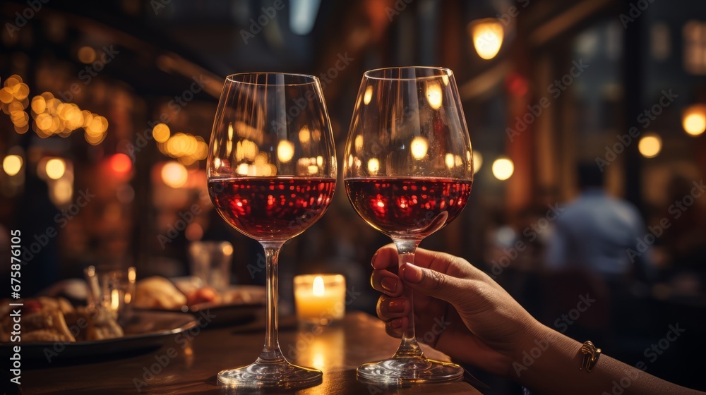 Generative AI image of an image Cropped image of romantic couple making cheers with glasses of red wine during date in restaurant, Love Relationship Celebration Concept