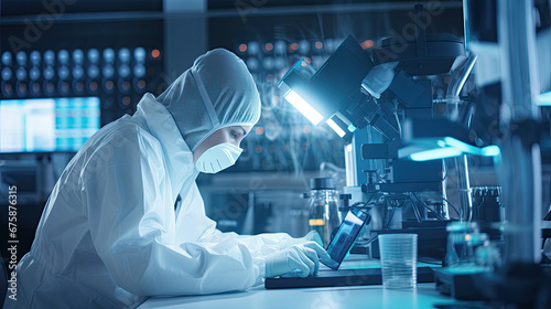 Innovative Research: Close-Up of a Masked Researcher in a Laboratory Developing Medicines and Vaccines