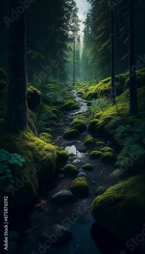 AI generated illustration of a stream flowing through a lush fantasy forest at night © Wirestock