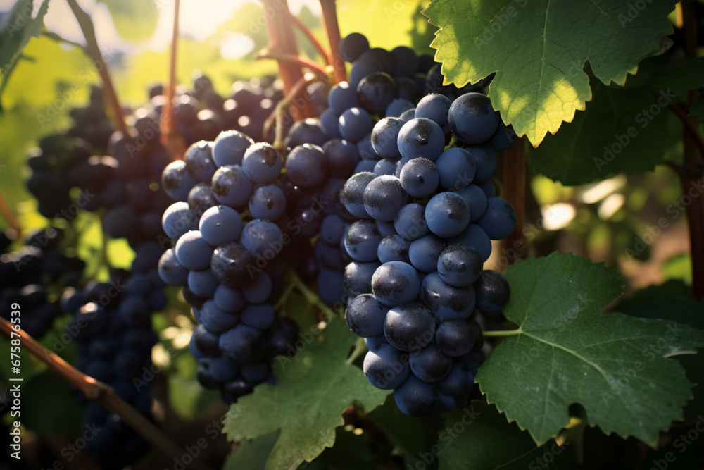 Dark Blue grapes in plantation. Ripe wine in vineyard, closeup