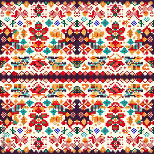 Geometric ethnic pattern, Cross Stitch, Pixel pattern, Design for clothing, fabric, background, wallpaper, wrapping, batik, Knitwear, Embroidery style, Aztec geometric art ornament print