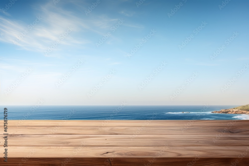Generative AI image of an wooden table top with the ocean on the background