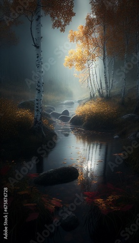 AI generated illustration of a stream flowing through a misty fall landscape at night