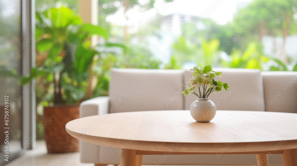 Close-up of modern minimalistic living room with sofa and table in front of sofa against blurred background