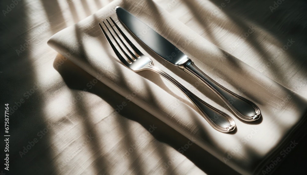 A sophisticated presentation of a silver fork and knife on a napkin, accentuated by natural light and soft shadows A sophisticated presentation of a silver fork and knife on a napkin, accentuated by natural light and soft shadows