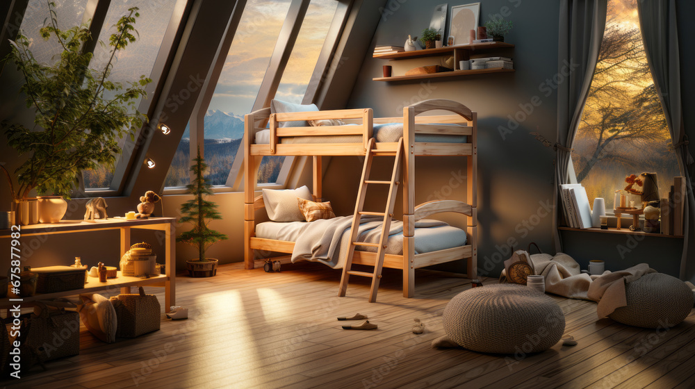 The children's bedroom has a cute, simple bunk bed. Stair safety railing design for upper bunk bed and a comfortable space below for playing or storing. Focusing on space-saving but comfortable design