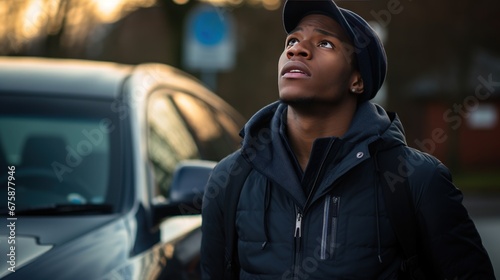 A young black man with a worried face stands on the road looking at his hood.