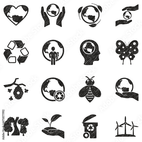 Earth Day Icons. Black Scribble Design. Vector Illustration.