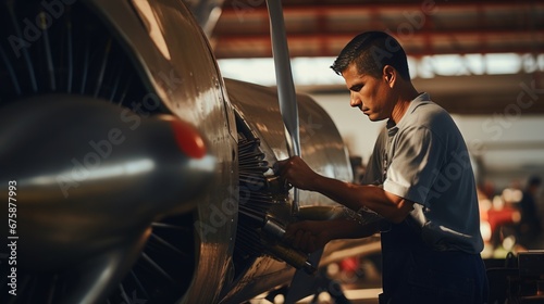 Airplane mechanic TS WS works to inspect airplane propellers in the hangar photo