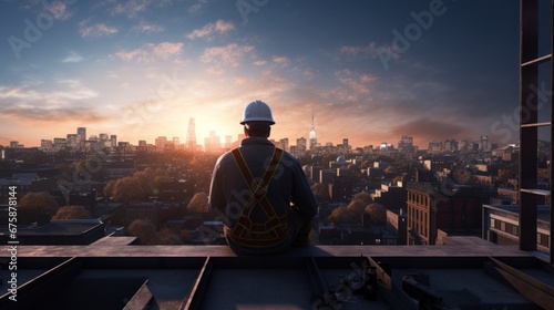 An engineer wearing construction safety gear sits on the roof of a house to rest and admire the city view. © somchai20162516