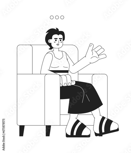 Sitting armchair woman talking black and white 2D cartoon character. Japanese adult female participating in conversation isolated vector outline person. Counselor monochromatic flat spot illustration