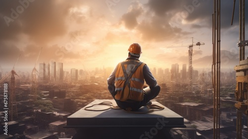 An engineer wearing construction safety gear sits on the roof of a house to rest and admire the city view.