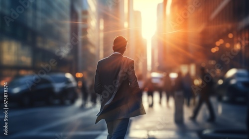 Blurry businessman Walking in the morning light in the city