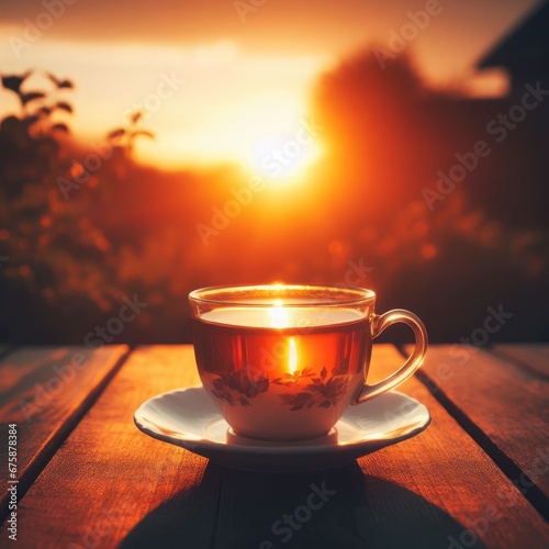 cup of tea on sunset in the morning