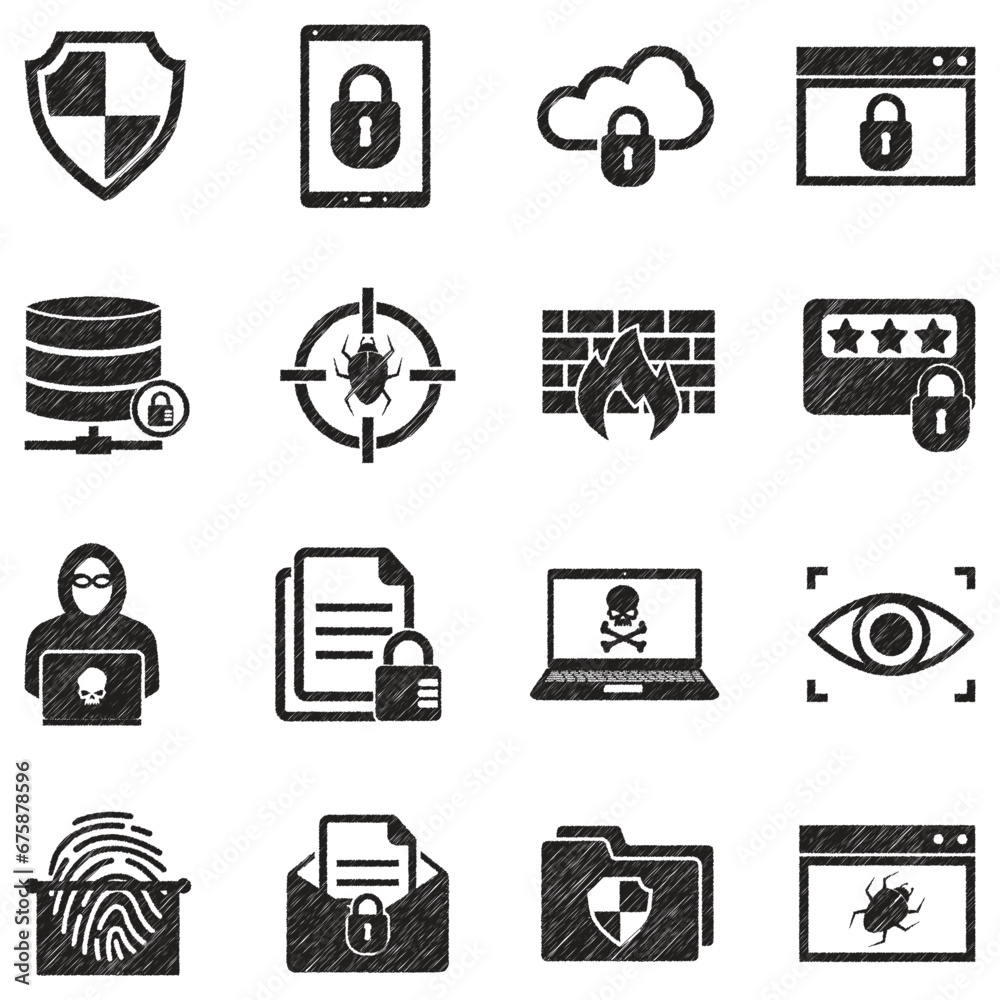Online Security Icons. Black Scribble Design. Vector Illustration. Online Security Icons. Black Scribble Design. Vector Illustration.
