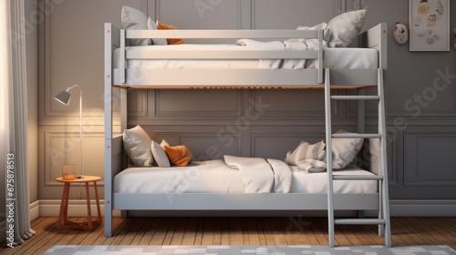 The children's bedroom has a cute, simple bunk bed. Stair safety railing design for upper bunk bed and a comfortable space below for playing or storing. Focusing on space-saving but comfortable design photo