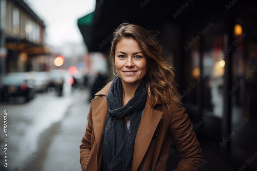 Portrait of a young woman in a coat on a city street