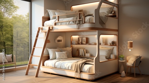 The children's bedroom has a cute, simple bunk bed. Stair safety railing design for upper bunk bed and a comfortable space below for playing or storing. Focusing on space-saving but comfortable design photo