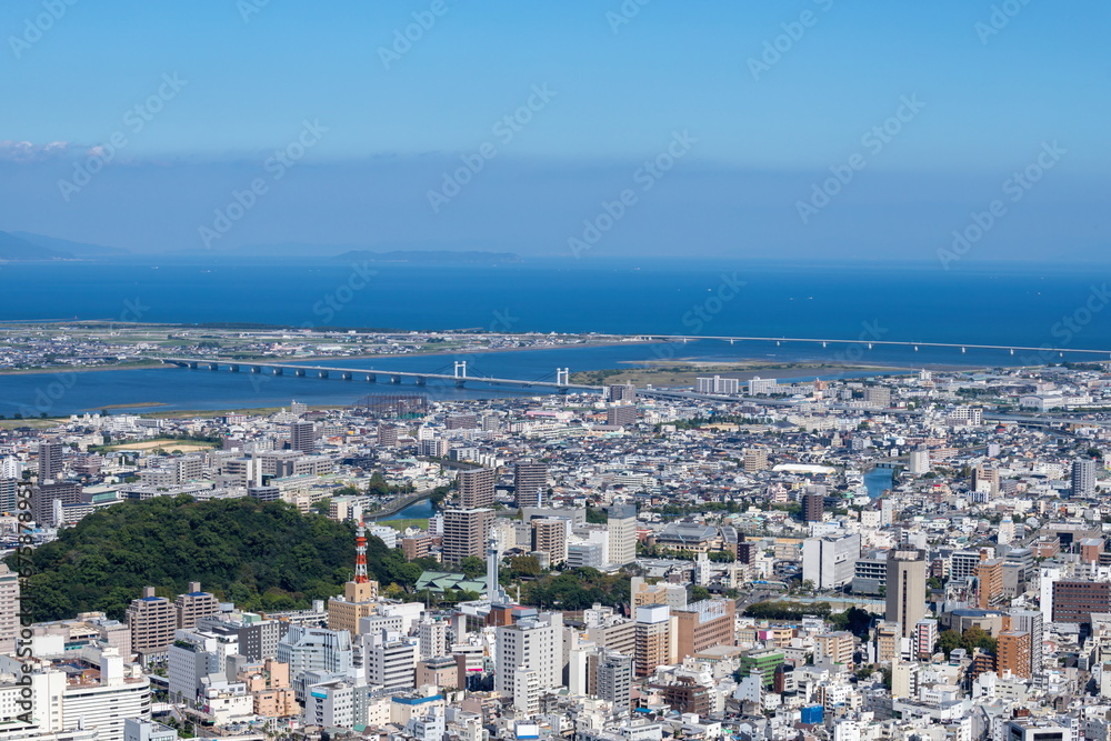 Cityscape of tokushima city for yoshinogawa river , View from Mt. bizan ( tokushima city, tokushima, shikoku, japan )