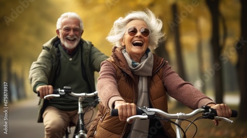 Generative AI image of a Cheerful active senior couple with bicycle in public park together having fun lifestyle. Perfect activities for elderly people. Happy mature couple riding bikes © Eitan Baron