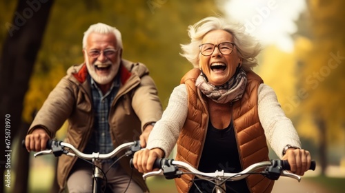 Generative AI image of a Cheerful active senior couple with bicycle in public park together having fun lifestyle. Perfect activities for elderly people. Happy mature couple riding bikes