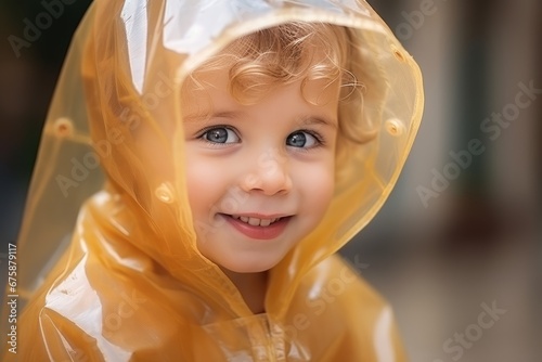 Generative AI image of close up A smiling blonde little boy is standing on the rain in waterproof raincoat and enjoying rain in city