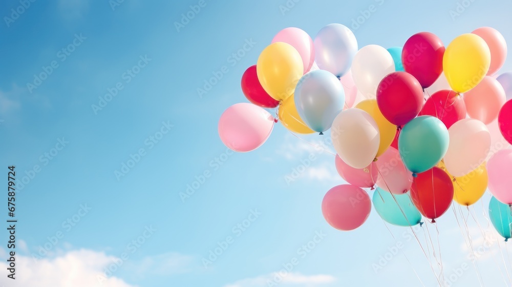 Colorful balloons float on the blue sky background