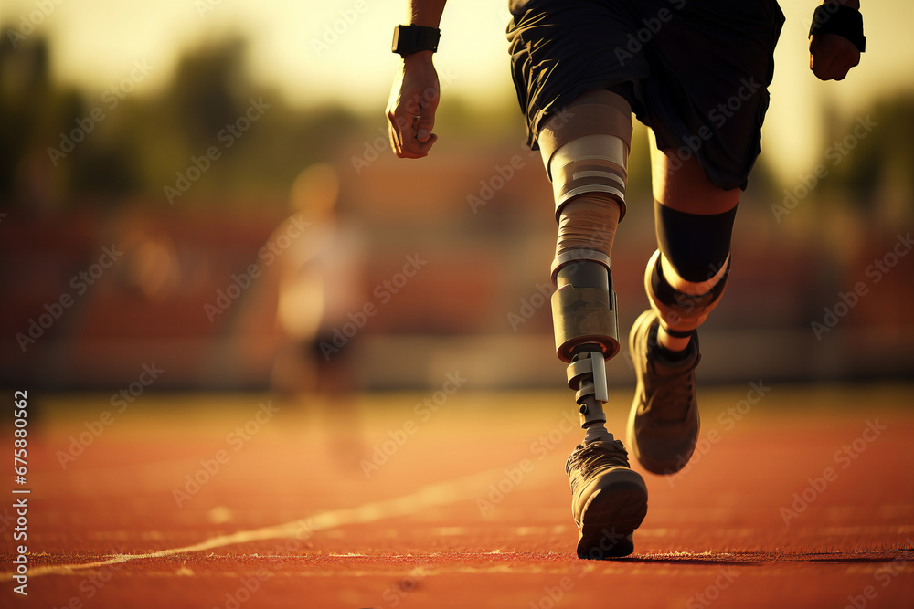 An athletic man with a prosthetic leg runs through the stadium in the warm sunset light. close-up - obrazy, fototapety, plakaty 